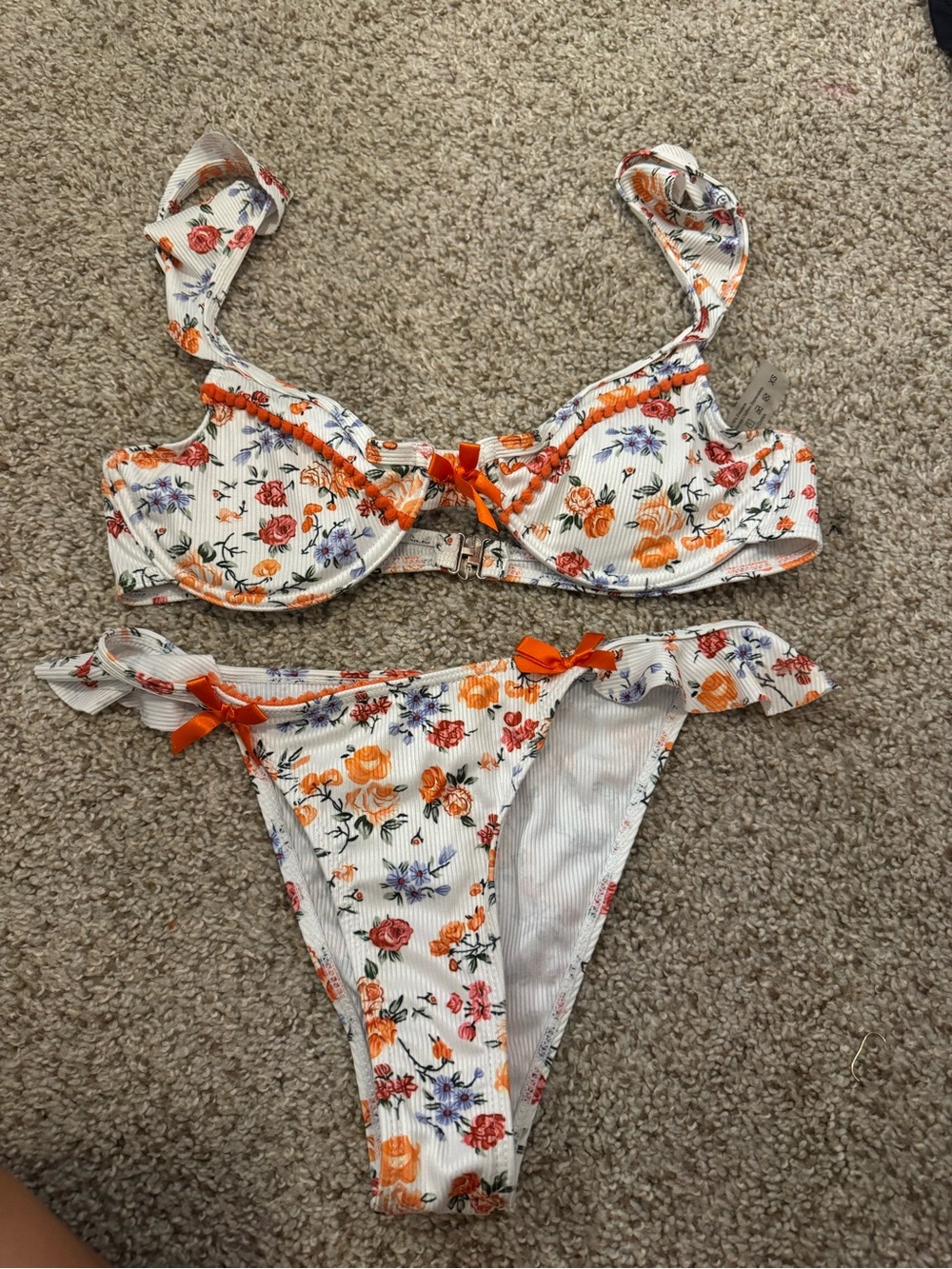 SHEIN White Floral Bikini Set with Orange Accents